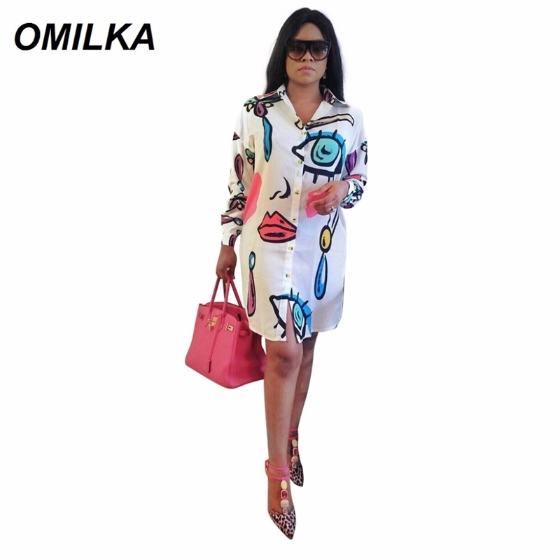 

OMILKA Hip Hop Eye Lips Printed Shirt Summer Women Long Sleeve Pink White Orange Casual Loose Club Irregular Street Shirt Y200402