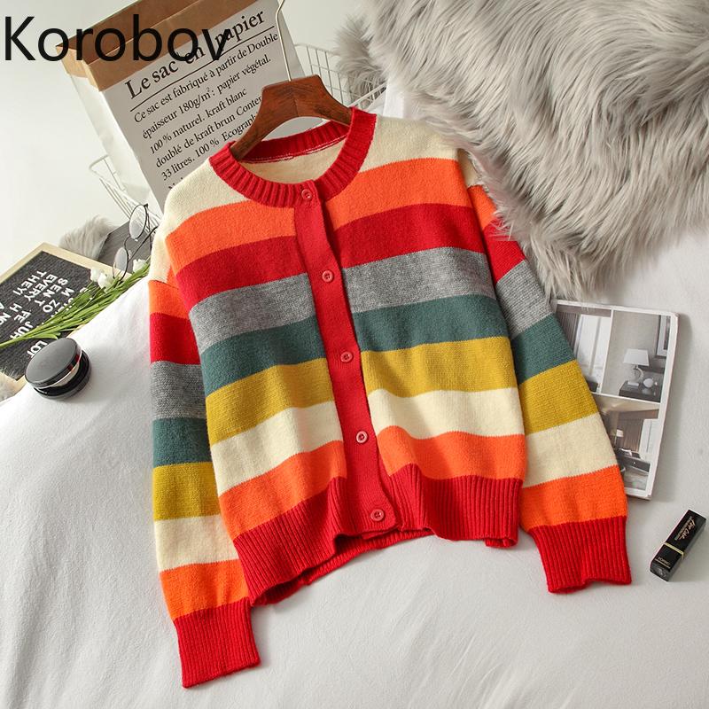 

Korobov Vintage Elegant Eainbow Striped Cardigans Korean Office Lady Single Breasted Harajuku Sweater Sweet Fashion Sueter Mujer, Photo color