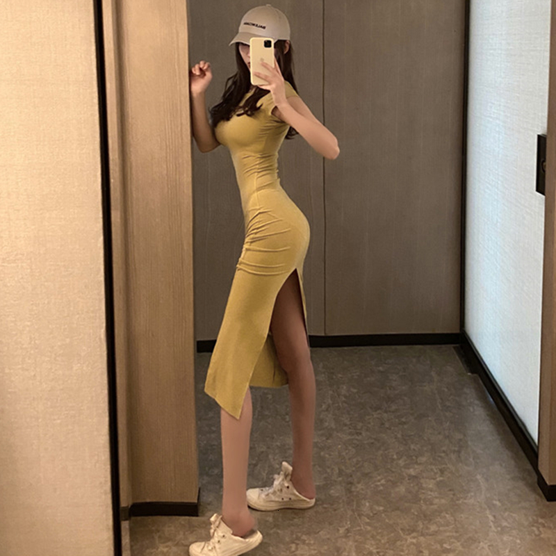 

2021 New Summer Short Sleeve o Neck Stretchy Split Women Solid Casual Elegant Robe Bodycon Maxi Vestidos Uqww, Yellow