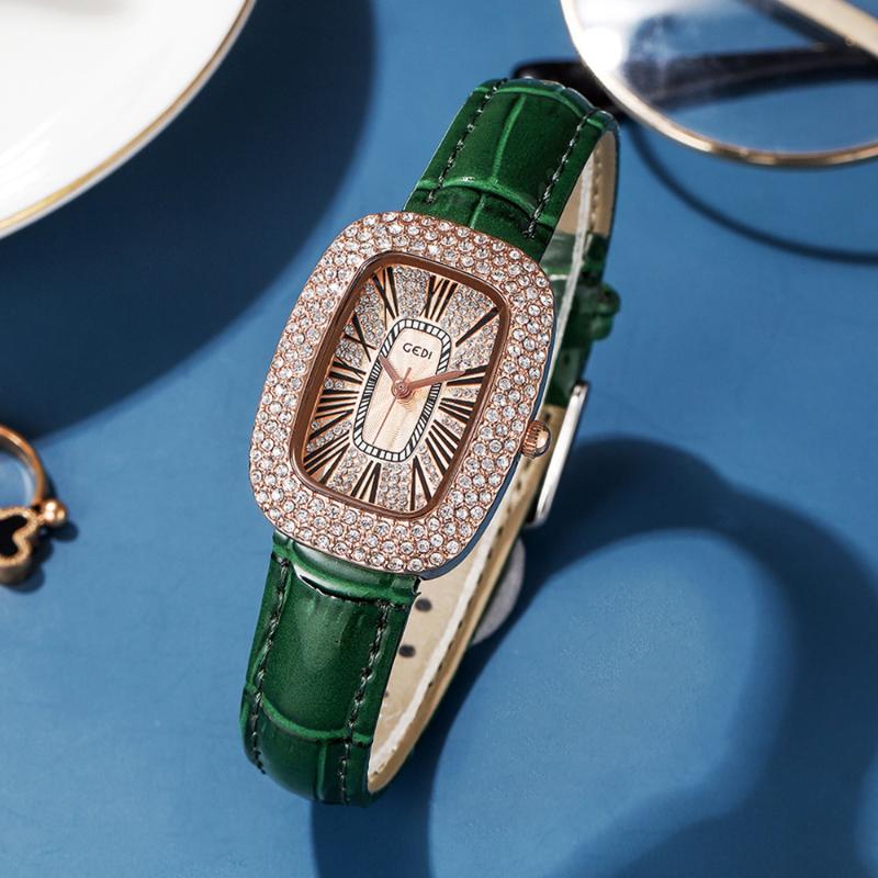 

Wristwatches GEDI Luxury Women Watches Full Rhinestones Rectangle Fashion Waterproof Leather Lady Bracelet Watch Casual Wrist For, Green