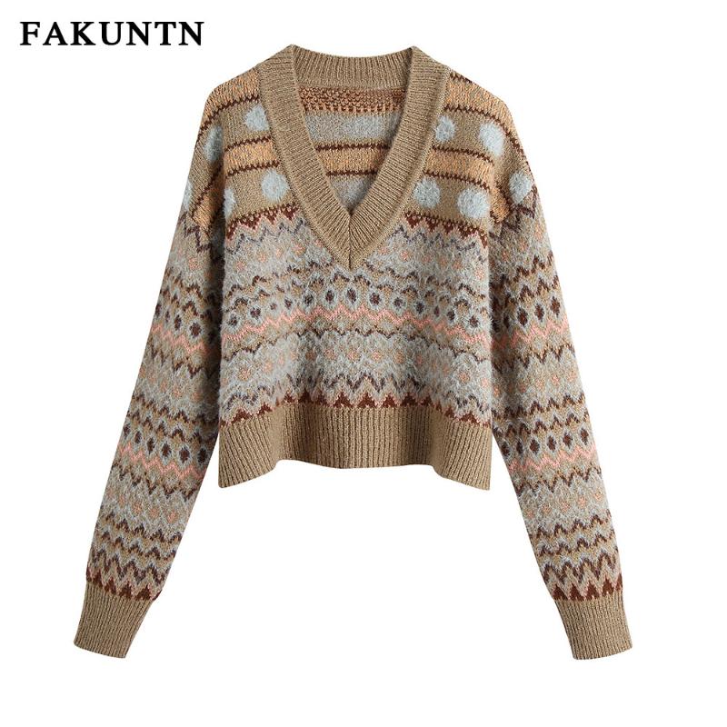 

Knit Sweater Women Pullover Autumn Winter Clothes V Neck Long Sleeve Female Knitted Top Vintage Jumper Women Sweater, Photo color