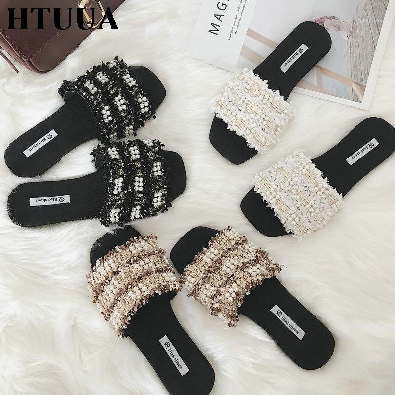 

HTUUA Brand Women Slippers Summer Handmade Knitted String Bead Tassel Flat Slides Casual Beach Flip Flops Ladies Shoes SX27071, Black