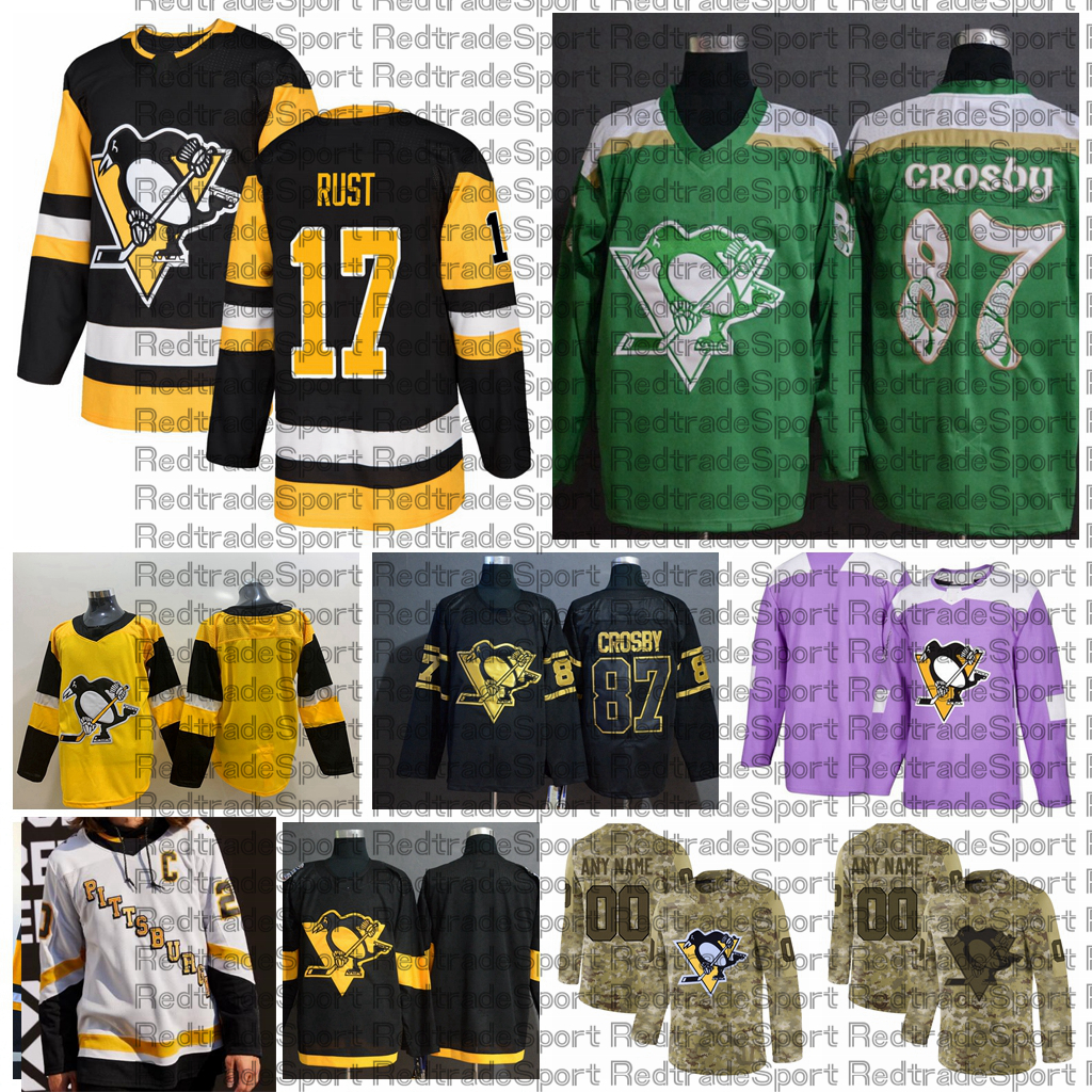 

2021 Reverse Retro Customize #17 Bryan Rust Pittsburgh Penguins Jerseys Golden Edition Camo Veterans Day Fights Cancer Hockey Jersey, Gold