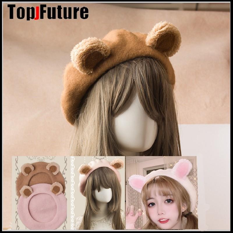 

Bear ear girl cap gift beret cute shape hat winter cap autumn Punk Beret Hat Solid ADULT lolita girl, White