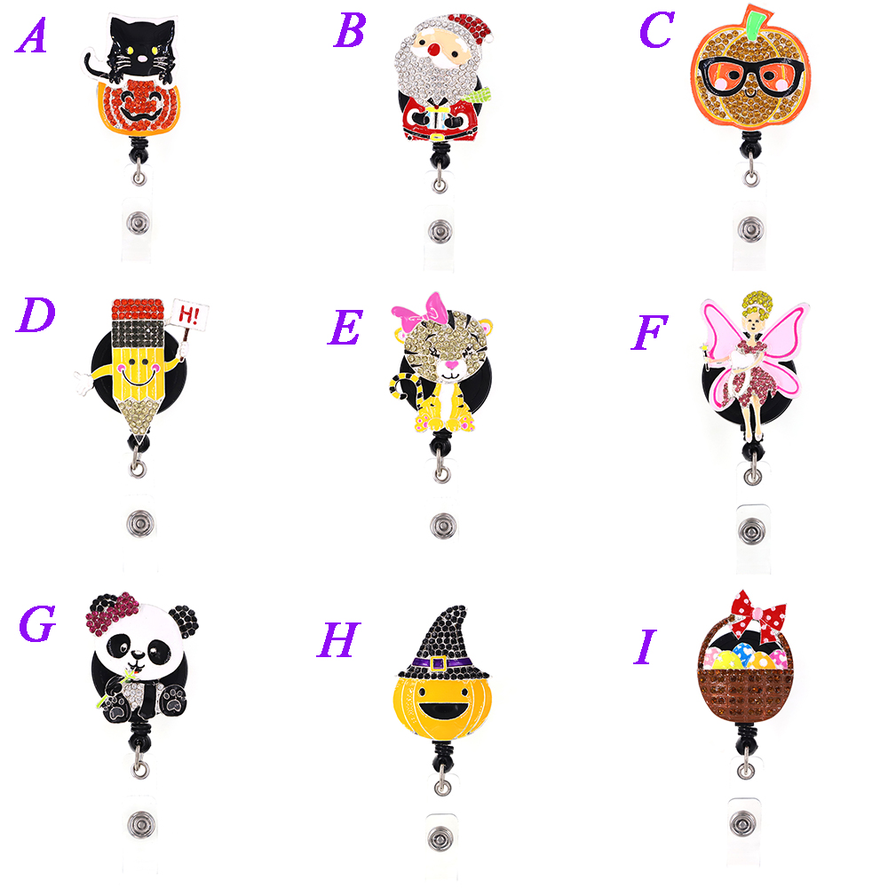 

1pc /5pcs /10pcs Cute Retractable Rhinestone Ename Halloween Christmas Tiger Panda Shape Badge Reel Holder for Student