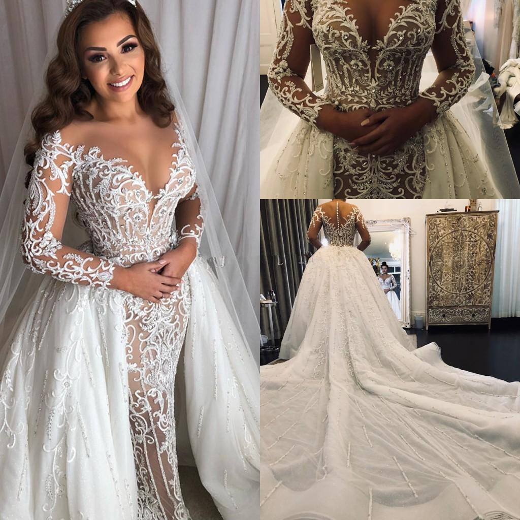 

Long Sleeve Middle East Mermaid Wedding Dresses with Overskirt Detachable Train Lace Sparkly Beaded Arabic Princess Wedding Gown, Silver