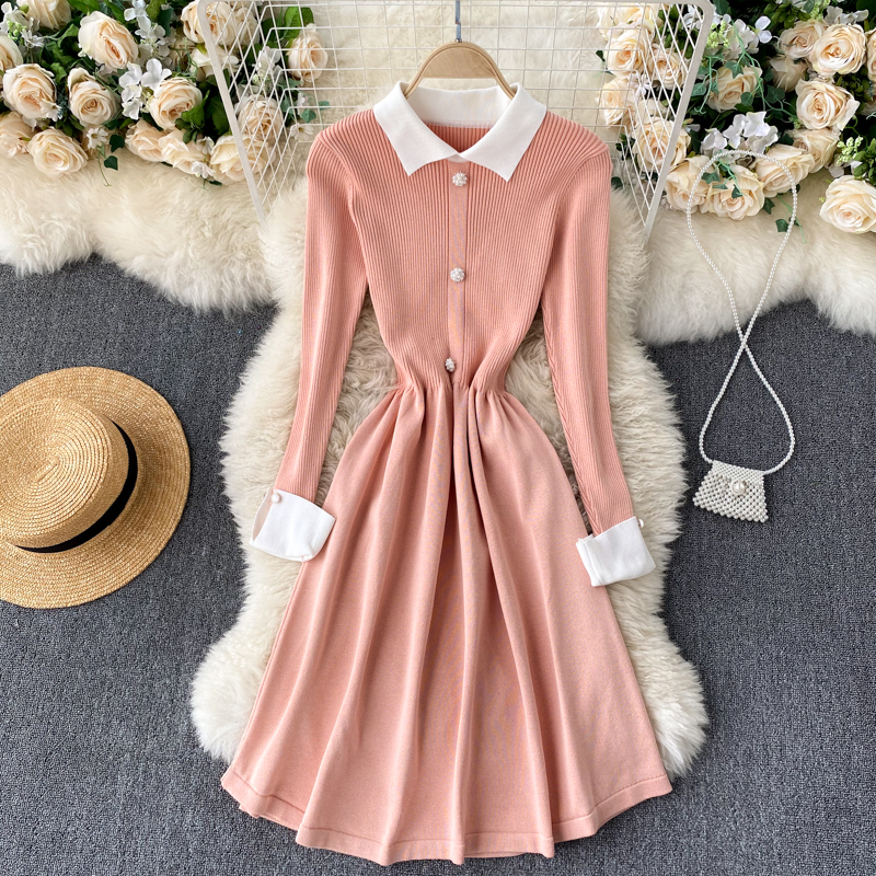 

2021 New female singiny knitted collar long solid line autumn sweet streetwear dress 8YMZ, Pink