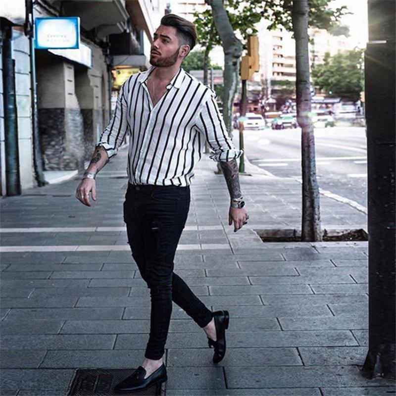 

Fashion Men Shirts Slim Fit V-Neck Top Long Sleeve Muscle Shirt Casual Tops Fashion Striped Shirt Men Streetwear Autumn, Black