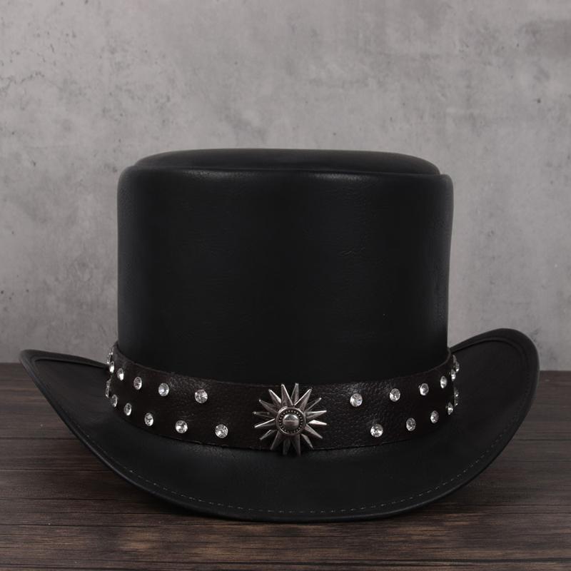 

Women Men Leather Top Hat President Traditional Fedoras Hat Magician Steampunk Cosplay Party Caps Dropshiping 3Size 13CM Top, Black