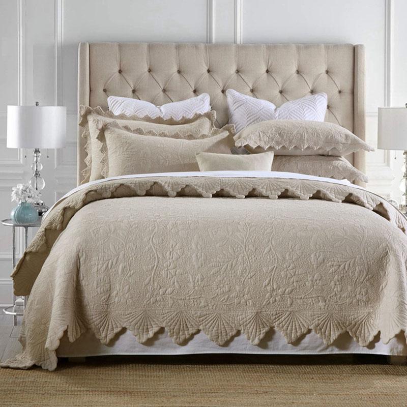 

CHAUSUB Cotton Bedspread Quilt Set 3pcs Embroidered Bed Cover With 2 Pillowcase  Queen Size Coverlet Thick Blanket, Beige