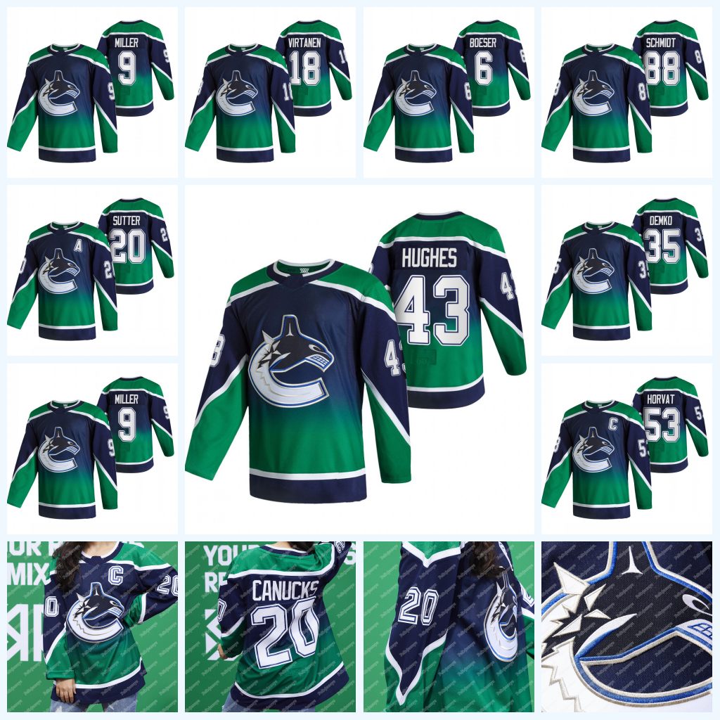 

Vancouver Canucks 2021 Reverse Retro Jersey Quinn Hughes Bo Horvat (C) Elias Pettersson Brock Boeser Nate Schmidt Braden Holtby, Black;red