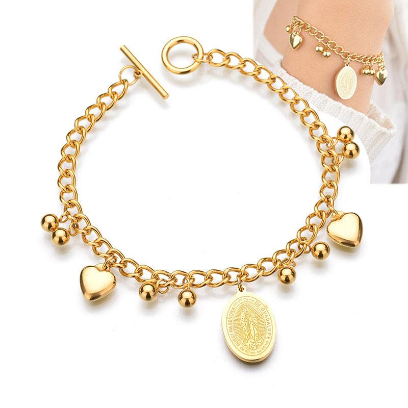 

Virgin Mary Heart Pendant Religious Charms Bracelet for Women Men Gold Color Stainless Steel Link Chain Bangle Bracelets Jewelry