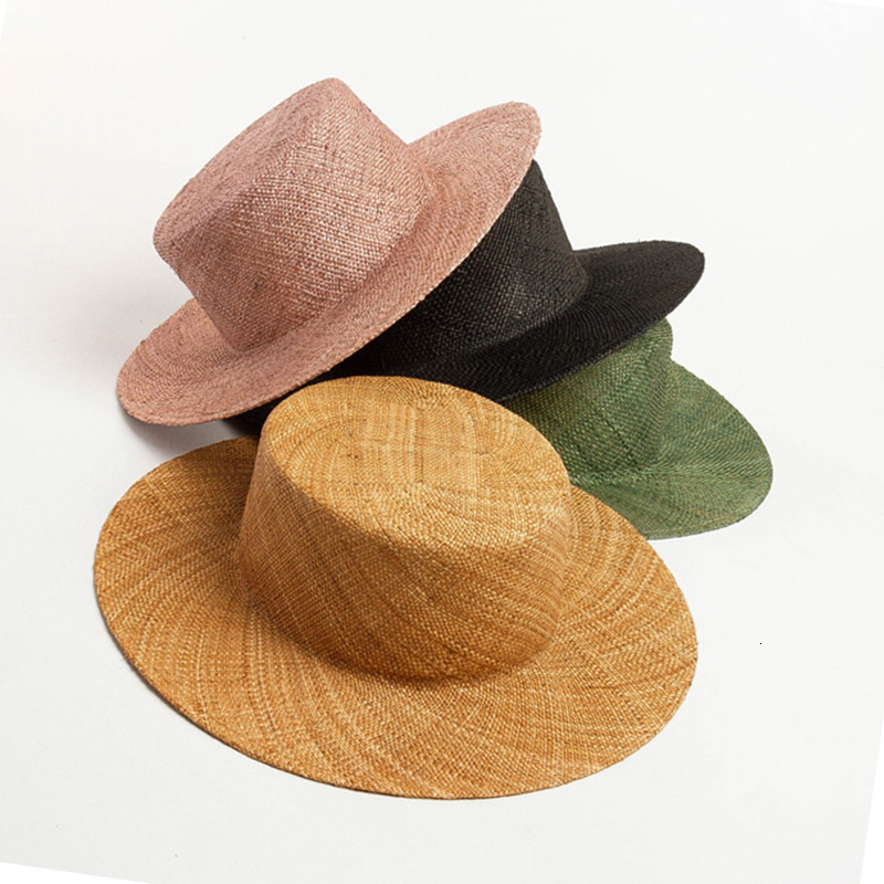 

2021 New Fashion Solid Panama Hats for Women Pink Beach Hat Precious Grass Summer Flat Vacation Cap Wholesale Dropshipping Tzoh, Khaki