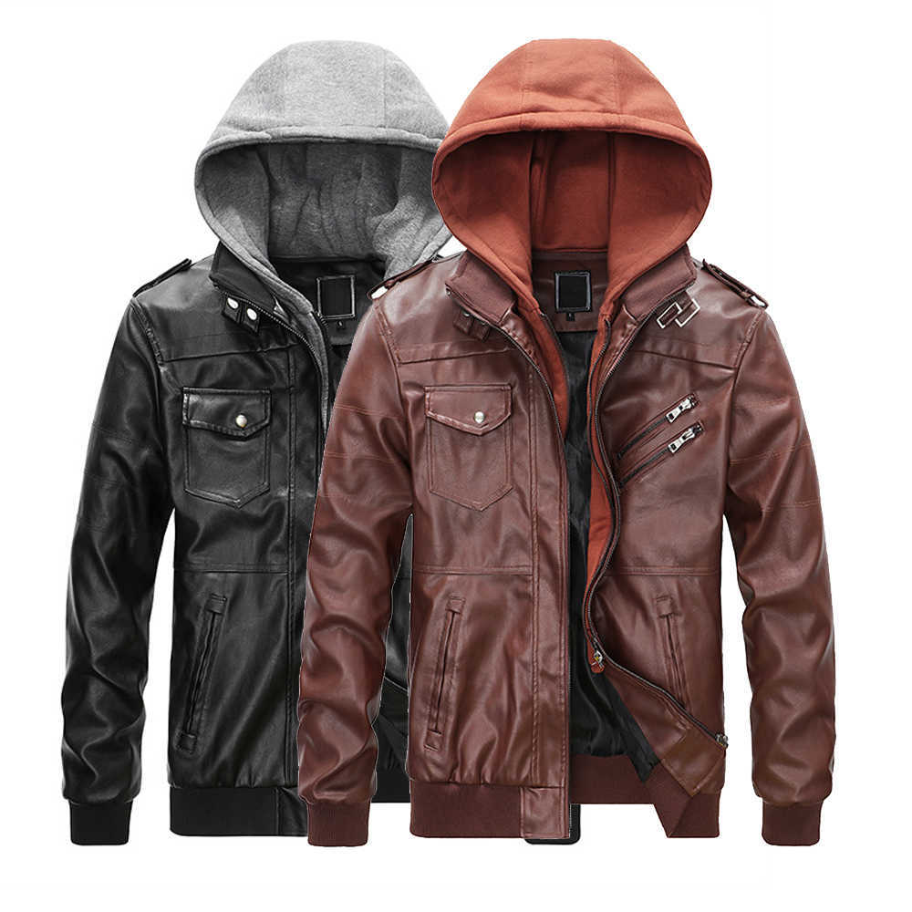 

Winter Jacket Men Hooded Black Leather Jacket Motorcycle Coat Slim Fit Autumn Outwear Biker Coat Detachable Hat Casual Jacket 210603, Kcd750 black
