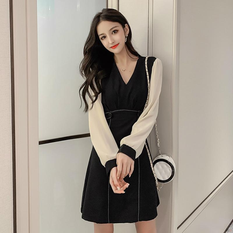 

Casual Dresses 2021 Ladies Corset Korean A Line Autumn Winter Contrast Bodycon Dress Women Black Mini Fall Plus Size Ropa Mujer