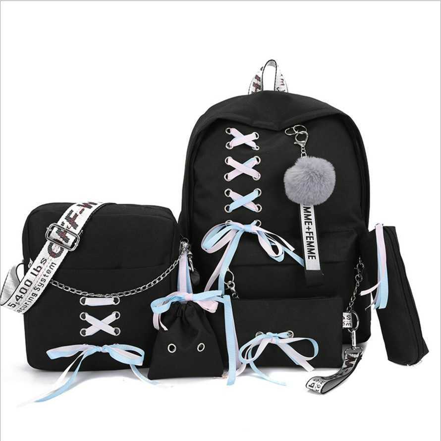 

5 pcs/set Ribbon Chain Students Backpack Travel Bagpack Teenager Girls Laptop School Bags Oxford Bookbag Mochila Feminina X0529, Ribbon pink