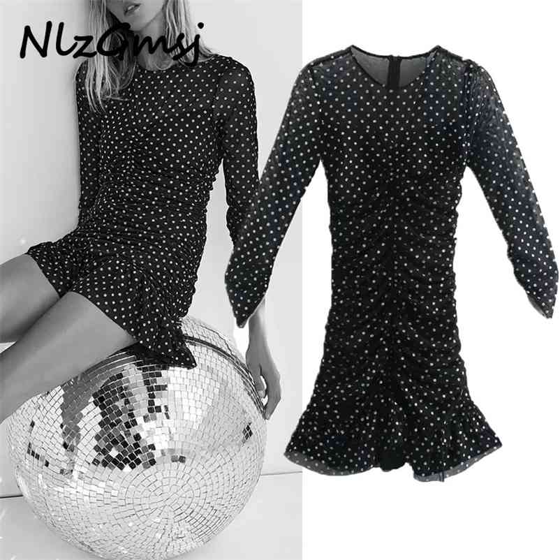 

Dres Tulle Dot Ruched Mini Long Sleeve Ruffle Hem Stretchy Party es Woman Back Zip Vestido 210628, As picture