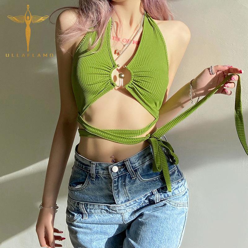 

Women's Tanks & Camis Bandage Crop Top Womens Halter Hollow Out Tank Vests Summer Clothes Sleeveless Sexy Y2K Streetwear Vest Femme, White