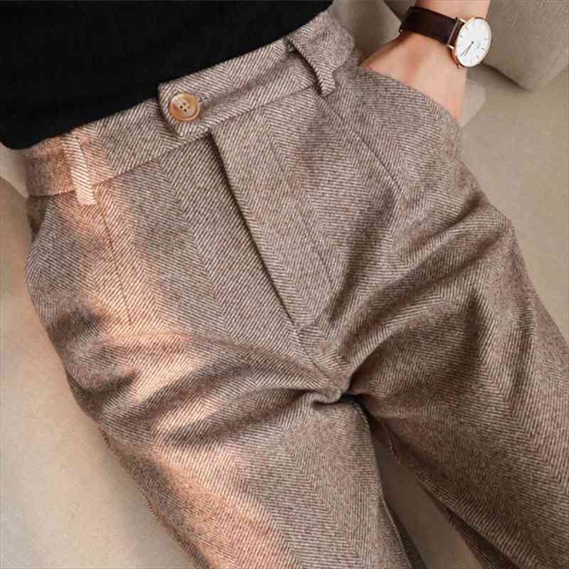 

thick herringbone woolen harem women capri autumn winter elegant slim high waist pencil pants ladies office lady trousers, Black;white