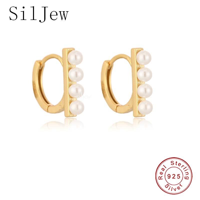 

Hoop & Huggie SilJew 100% 925 Sterling Silver Four Pearl Huggies Earring Circle Rock Punk Loops Piercing Pendiente Jewelry Oorbellen Gift