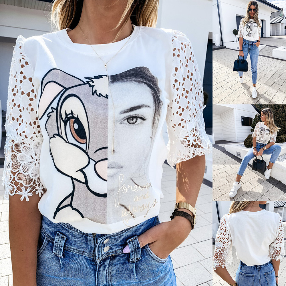 

New 2021 Street Top Is a Hit Short Sleeve Shirt Hollow Out the Rabbit Lace Leisure and Fashion T-shirt White Tops Un93