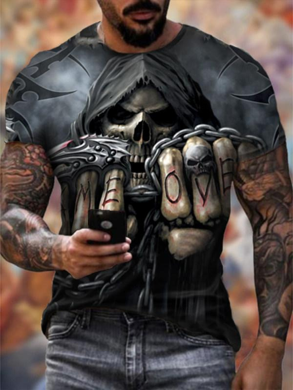 

2021 summer fashion street handsome skull digital print 3d t-shirt round neck loose men's sports t-shirt dag, White;black