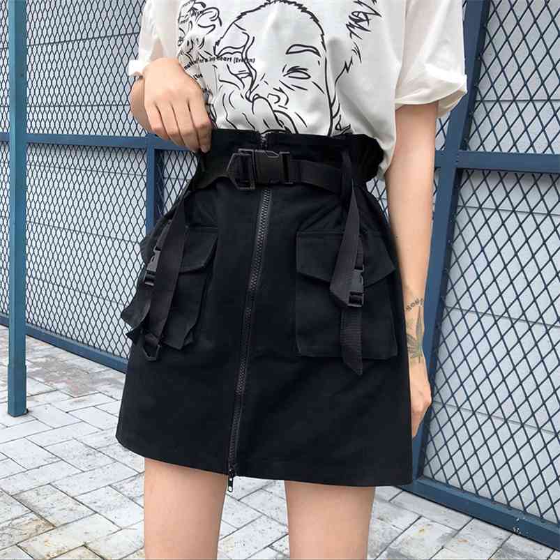 

A Line Zipper Women Mini Cargo Skirts Pockets Sashes Bodycon Solid Ladies Short Skirt Summer Sexy Black Khaki Bottom Female 210721, Dark grey
