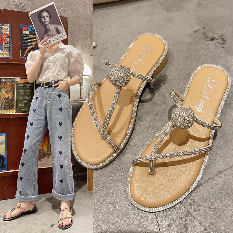 

Slippers Paillette Crystal Narrow Band Women Sandals Clip Toe Summer Beach Shoes Woman Low Heels Slides Rhinestones Flip Flops, Black