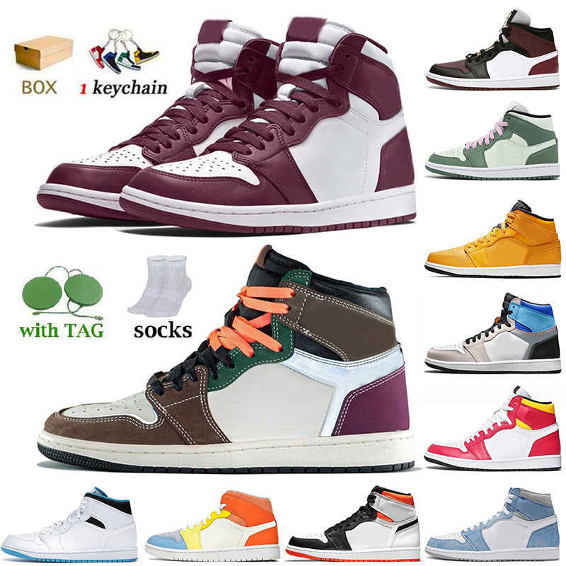 

With Box Womens Mens Jumpman 1 1s Basketball Shoes Retro High OG Bordeaux Hand Crafted Trainers Mid SE Black Dark Beetroot Grey Onyx, B39 mid paint drip 36-40