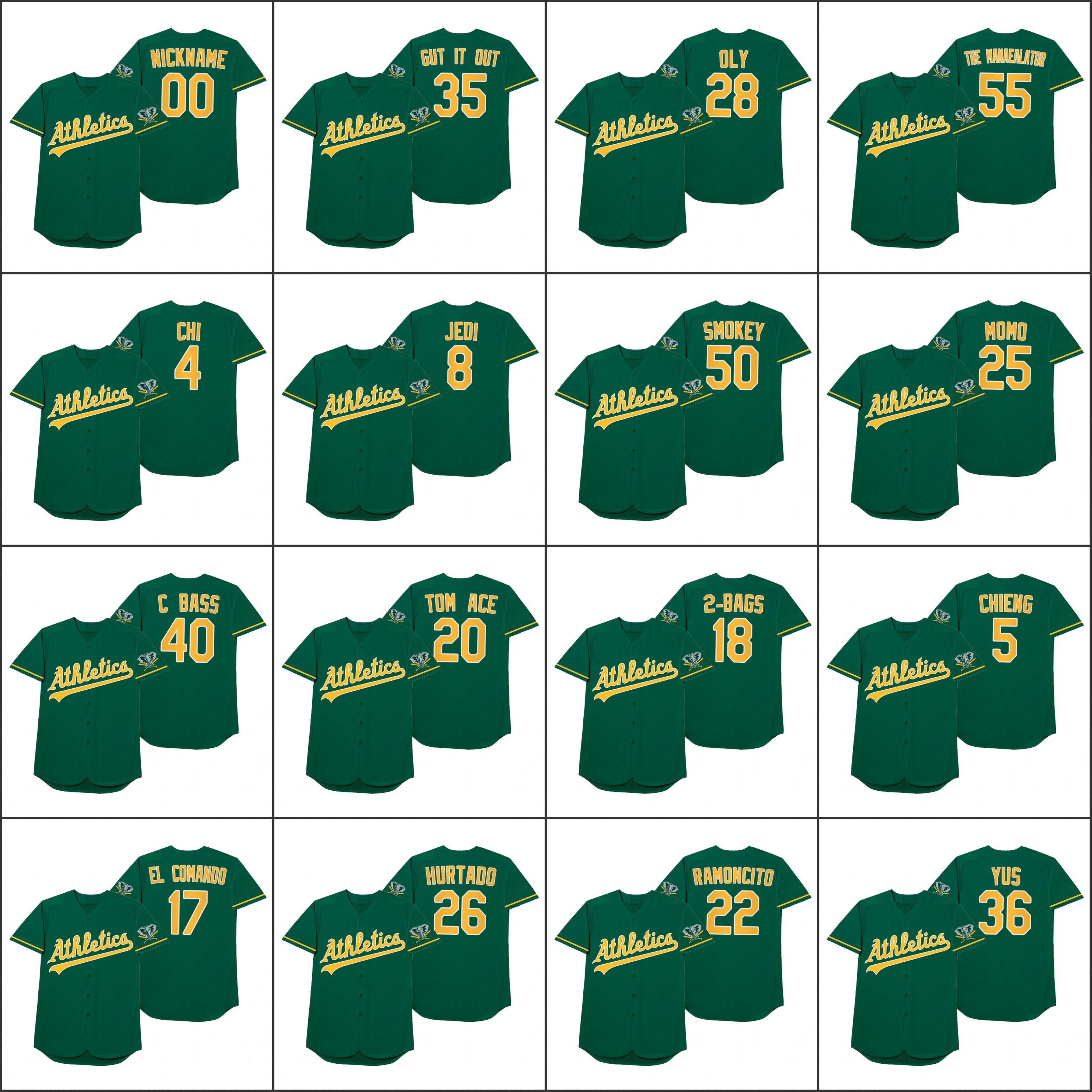 

OaklandAthletics Men Women Youth #28 Matt Olson Oly 40 Chris Bassitt C Bass 26 Matt Chapman Hurtado Custom Green Players' Weekend Nickname Jersey