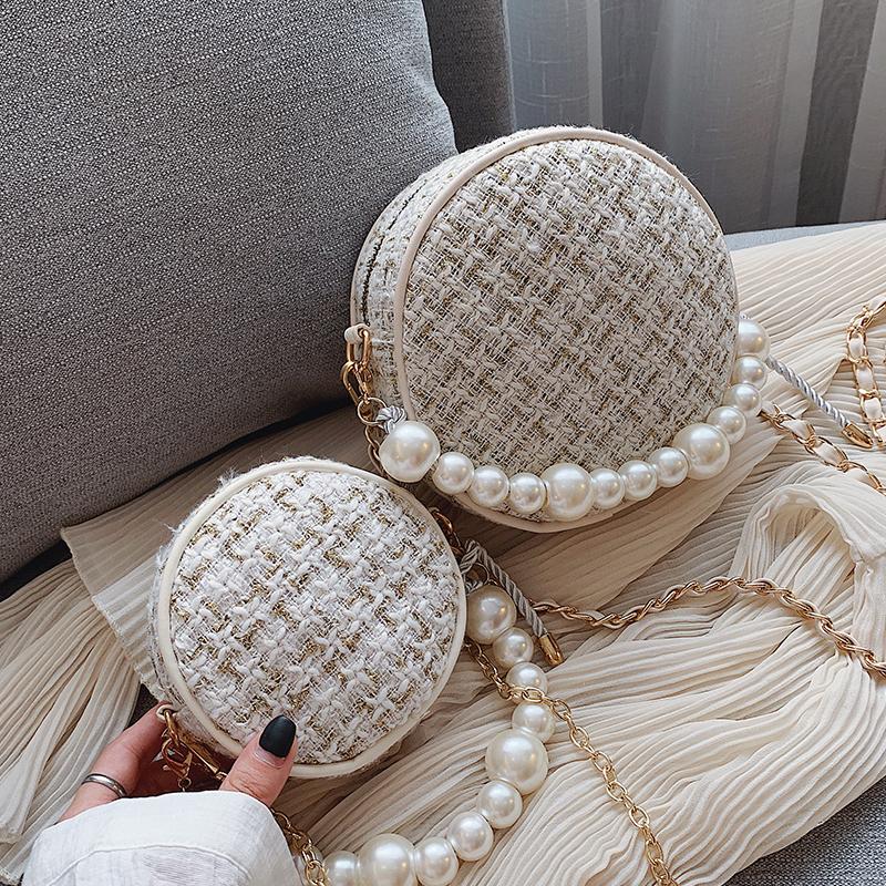 

Elegant Female Round Pearl Tote Bag 2021 Fashion New High Quality Woolen Women's Designer Handbag Chain Shoulder Messenger bag, 12 cm red grid