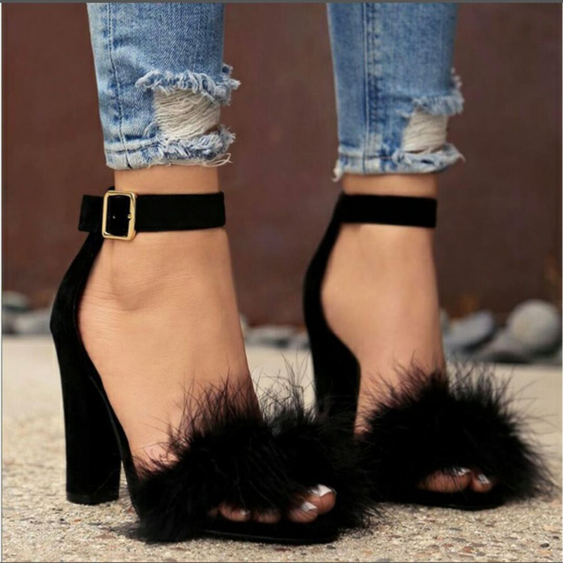 

Plus Size Super High Sandals Female Pump New Fashion Buckle Strap Fur Flock Leather Thick Heel Solid Party Women Pumps Shoes J2023, Black