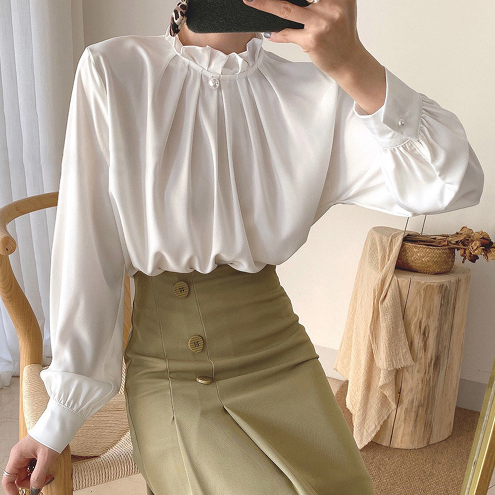 

2021 New Office Lady Shirt Spring and Summer Fashion Simple Temperament Thin Elegant Best Selling Collection Pleated Long Sleeve Vz0o, Green