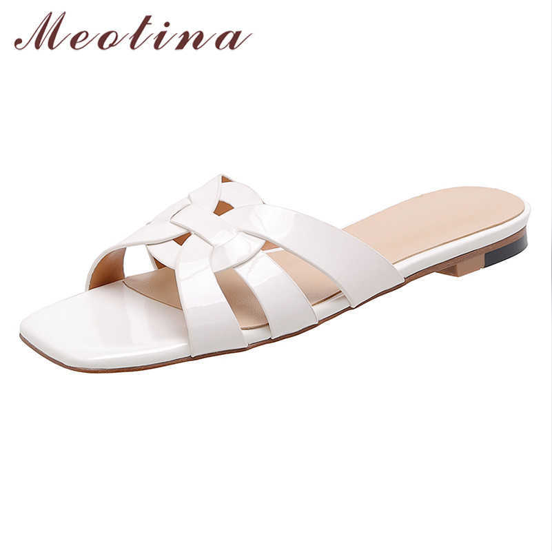 

Meotina Slippers Women Natural Genuine Leather Flat Slides Square Toe Flat Ladies Shoes Summer Causal Sandals Female Black 33-43 210608