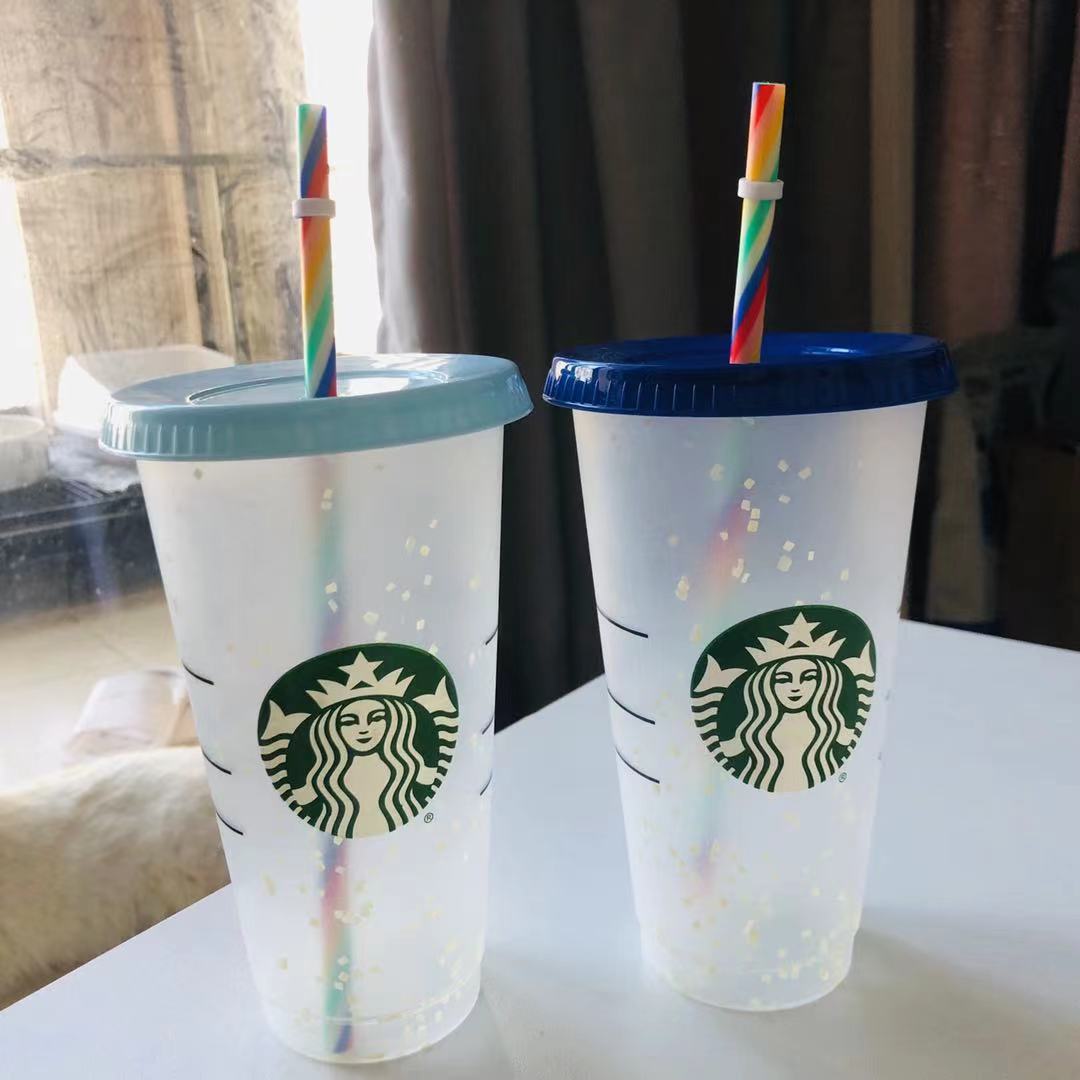 

5pcs/1set 24OZ Tumblers Plastic Rainbow straw With Lip And Magic Coffee Mug Costom Starbucks snow cup, Blue