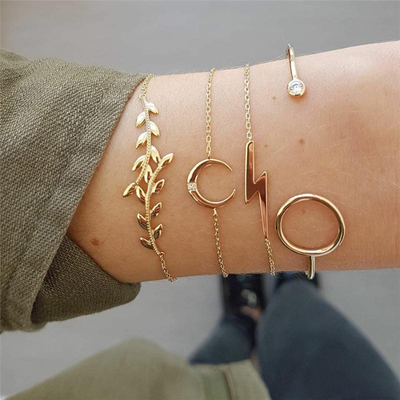 

Bangle 4pcs/set Bracelets Bangles Fashion Jewelry Leaf Moon Charms Gold Chain Bohemian Boho Love Femme Bijoux Wholesale