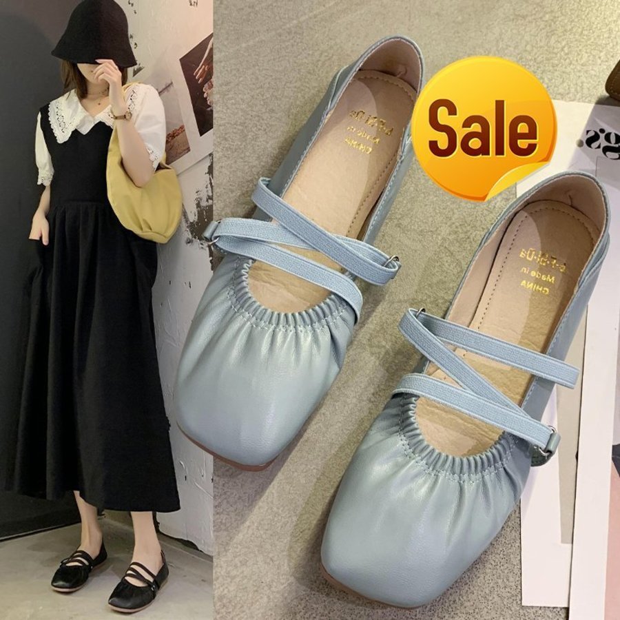 

South Korea East Gate Cross with Soled Granny Square Head Soft Leather Temperament Fairy Ballet Flat Sole Shoes VAR7