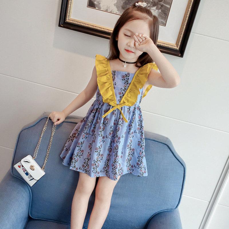 

Girl's Dresses Dulce Amor Summer Girls Dress V Ruffles Sleeveless Party V-neck Backless Print Floral Princess Clothes, Blue