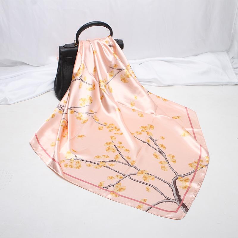 

Scarves 2021 90x90 Ginkgo Biloba Multipurpose Women Silk Twill Scarf Satin Square Tie Hairband Ladies Foulard Femme Towel Bufanda Shawl