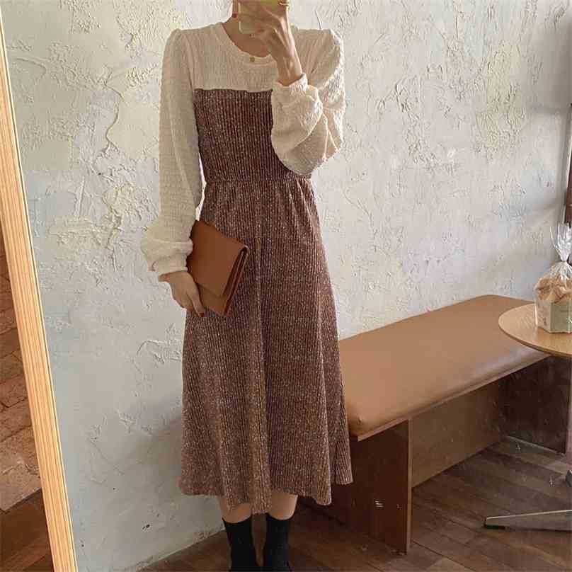 

Loose Patchwork Corduroy Dresses Retro Elegant Slim Women Elegance All Match Long Sweet Vestidos 210525, Coffee