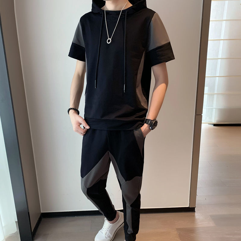 

Color Contrast Pants Summer 2021 New T-shirt Korean Fashion Brand Personality Splicing Tracksuit Men Set Fpm4, Black