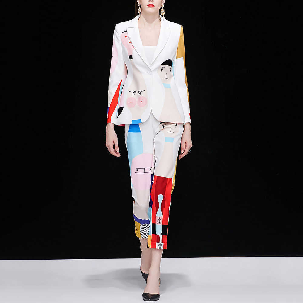 

Truevoker Spring Designer Set Suit Women's High Quality Long Sleeve Cute Colorful Cartoon Printed Casual Blazer + Pant 210602, Black