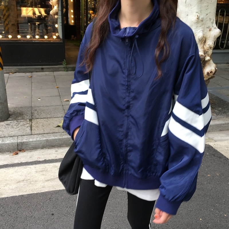 

2021 Bat Sleeves Oversized Vintage Preppy Female Jacket Casual Sport Zip Up Turtleneck High New Fashion Design Girls Sun0, Dark blue