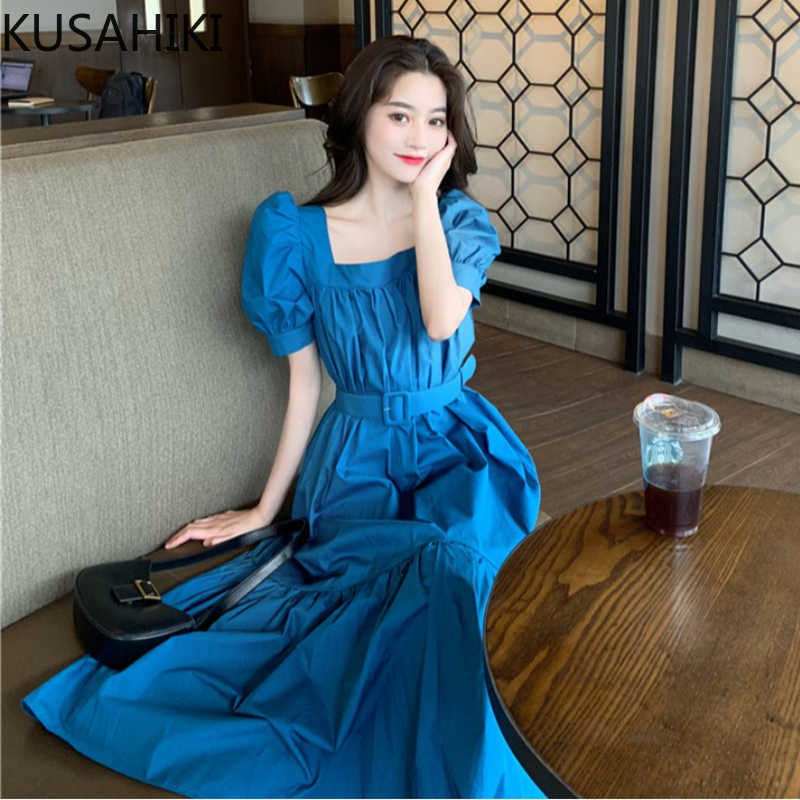 

Spring Summer Women Dress Korean Puff Short Sleeve Square Collar Belt Slim Waist Elegant Vestido Mujer 6F799 210603, Yellow