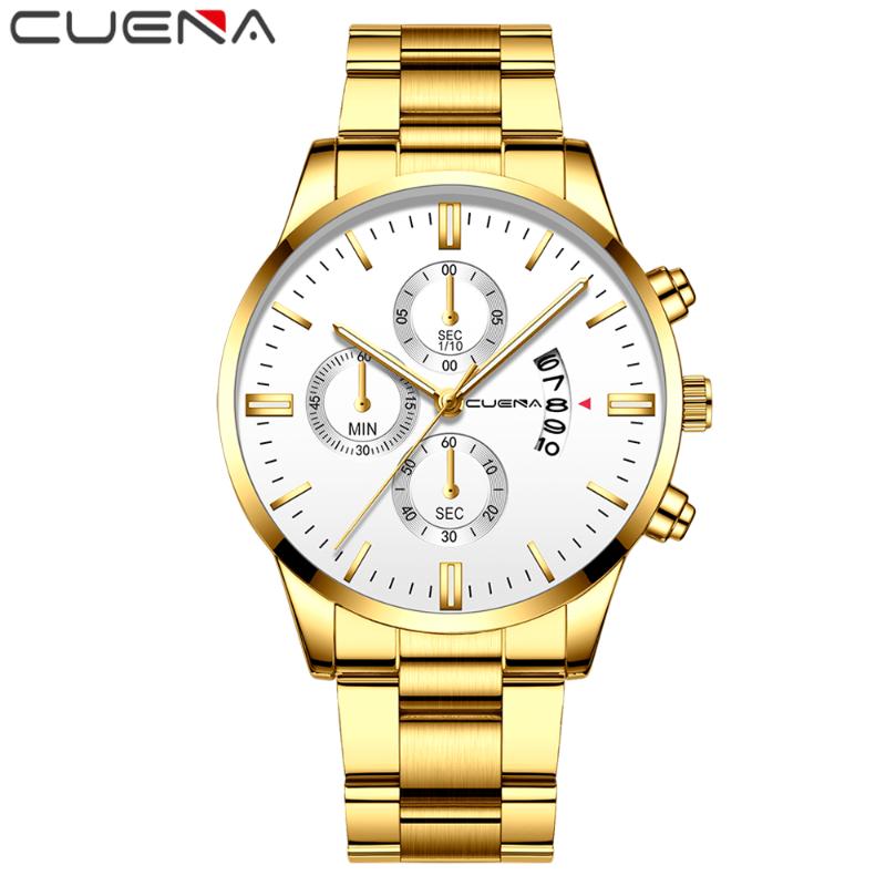 

Wristwatches Relojes Hombre CUENA 2021 Mens Watches Top Date Business Quartz Watch Men Full Steel Big Dail Waterproof Clock, Silver
