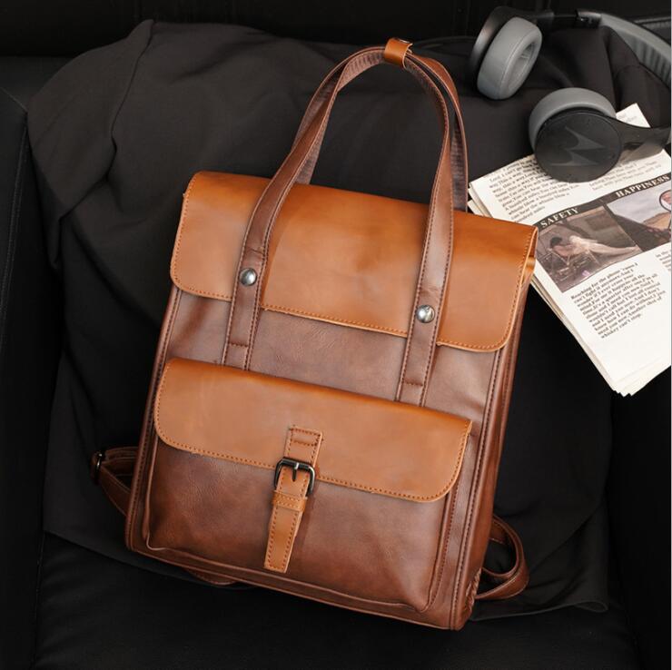 

Factory wholesale men brand shoulder bag retro color matching leathers handbag street trend black fashion student backpack outdoor leisure leather backpacks