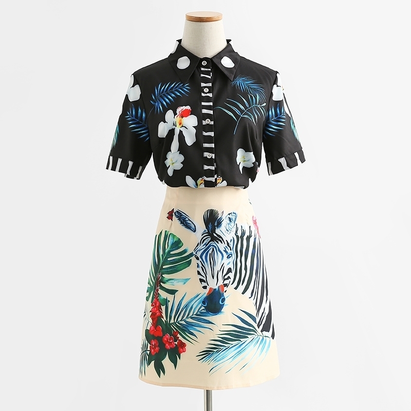 

French temperament Royal sister style ladies summer slim and thin printed shirt bag hip skirt female 210525, Black