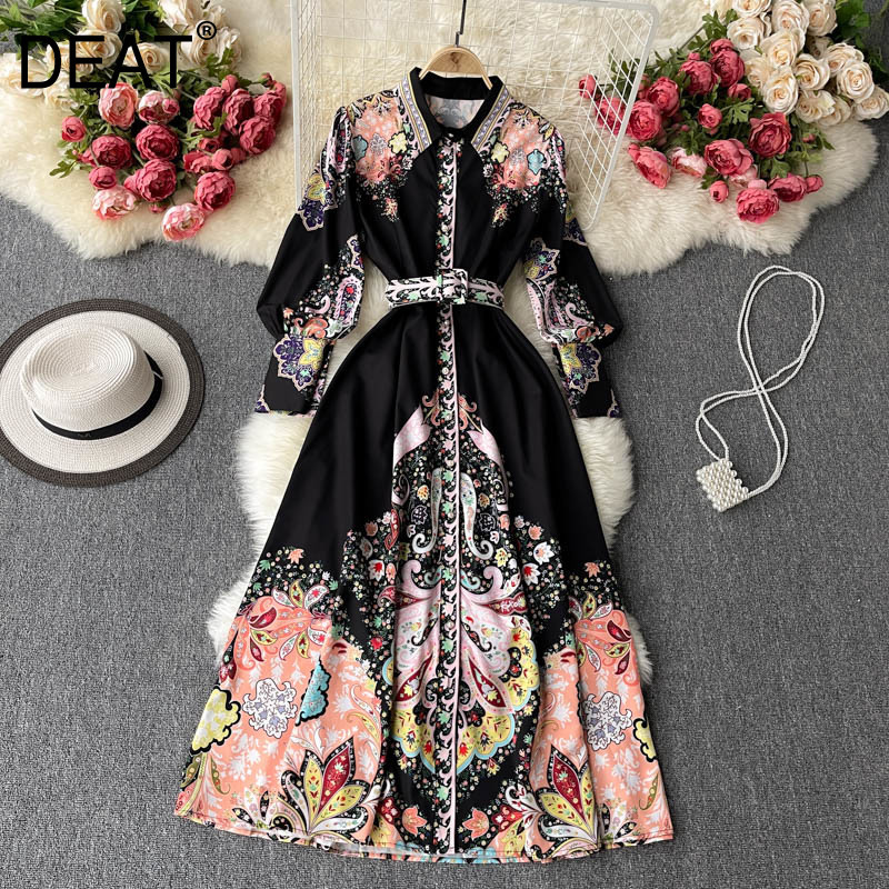 

Women Printing Midi-long Dress Lapel Lantern Sleeve Arrivals Lady Fashion Temperament Spring Summer 11D340 210525, Black