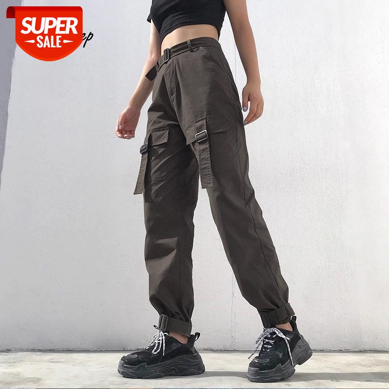 

Weekeep Streetwear Brown Cargo Pants Women's Waist Sashes Pockets Patchwork Trousers Fashion Loose Joggers Pants Casual Harajuku #ND3J, Black;white