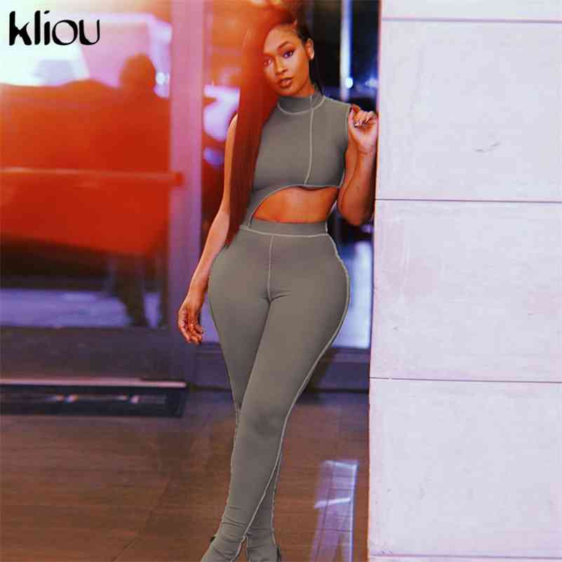

Kliou elastic hight fitness tracksuit two piece set women asymmetry outfit turtleneck fashion crop top+pants streetwear clothes 210709, Gray